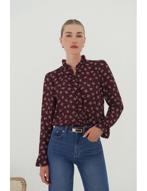 BON FASHION Φλοράλ πουκάμισο CH350-ΜΠΟΡΝΤΟ