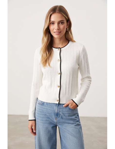 BON FASHION Ζακέτα με πλέξη κοτσίδα 78101-ΛΕΥΚΟ