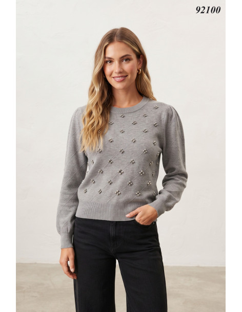 BON FASHION πουλόβερ με στρογγυλή λαιμόκοψη και ελαφρώς φουσκωτά μανίκια και χάντρες μπροστά 92100-ΓΚΡΙ