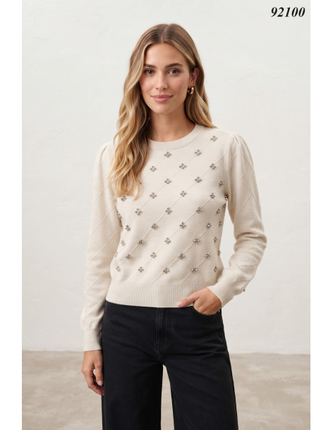 BON FASHION πουλόβερ με στρογγυλή λαιμόκοψη και ελαφρώς φουσκωτά μανίκια και χάντρες μπροστά 92100-ΜΠΕΖ