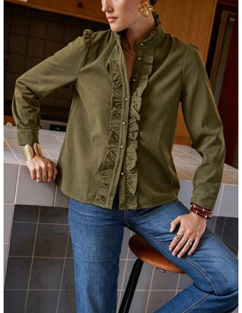 BON FASHION Πουκάμισο με βολάν και ψηλό γιακά Q3361-XAKI