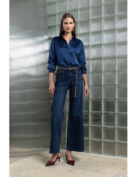 DONNA  MARTHA Πουκάμισο satin touch 27153-2-ΜΠΛΕ