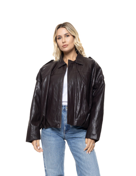 BISTON  leather-look cropped jacket με κλασικό γιακά 56-101-041-ΚΑΦΕ
