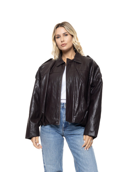 BISTON  leather-look cropped jacket με κλασικό γιακά 56-101-041-ΚΑΦΕ
