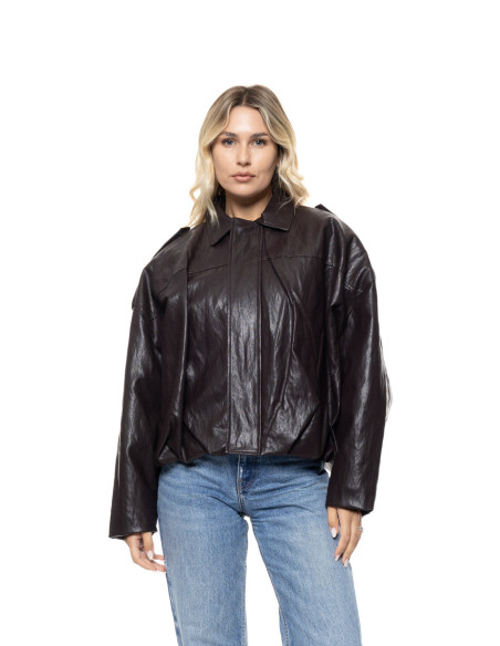 BISTON  leather-look cropped jacket με κλασικό γιακά 56-101-041-ΚΑΦΕ