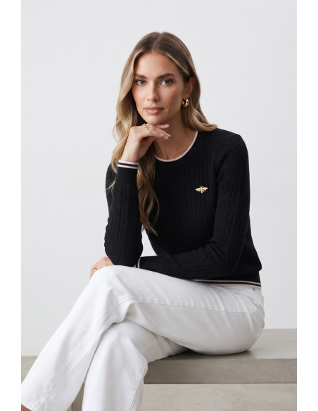 BON FASHION Πλεκτό πουλόβερ με πλέξη και κεντημένη μέλισσα στο στήθος 78102-BLACK