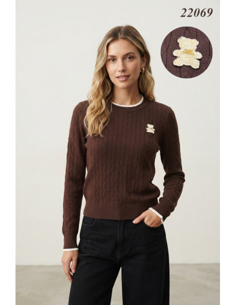 BON FASHION Πλεκτό πουλόβερ λεπτής πλέξης με στρογγυλή λαιμόκοψη 22069-ΚΑΦΕ