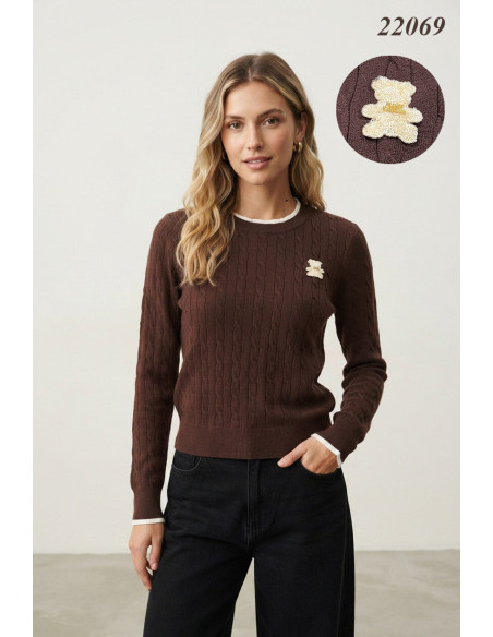 BON FASHION Πλεκτό πουλόβερ λεπτής πλέξης με στρογγυλή λαιμόκοψη 22069-ΚΑΦΕ
