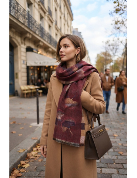 BON FASHION κασκόλ διπλής όψης με μοτίβο ginkgo LM2026-58-ΜΠΟΡΝΤΟ