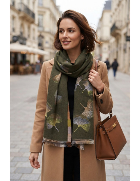 BON FASHION κασκόλ διπλής όψης με μοτίβο ginkgo LM2026-58-ΛΑΔΙ