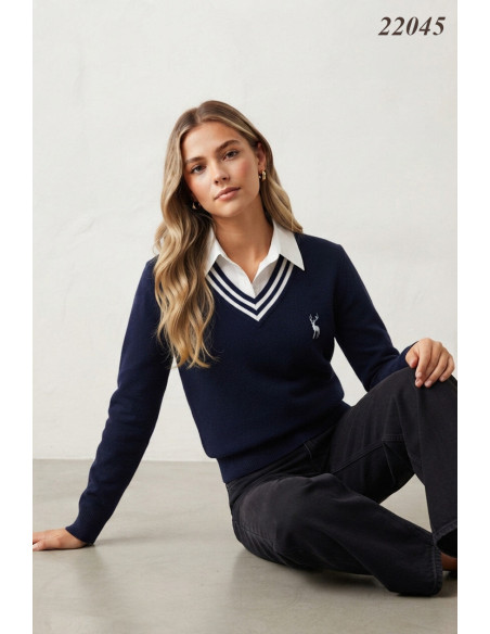 BON FASHION Πουλόβερ με λαιμόκοψη V 22045W-NAVY