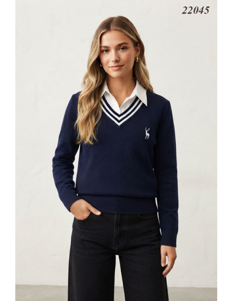 BON FASHION Πουλόβερ με λαιμόκοψη V 22045W-NAVY