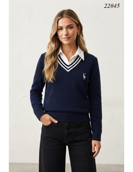 BON FASHION Πουλόβερ με λαιμόκοψη V 22045W-NAVY
